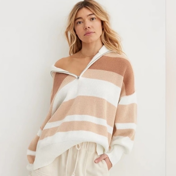 aerie Sweaters - Aerie Beyond Quarter Zip Sweater Toasty Combo Tan Brown Stripe
